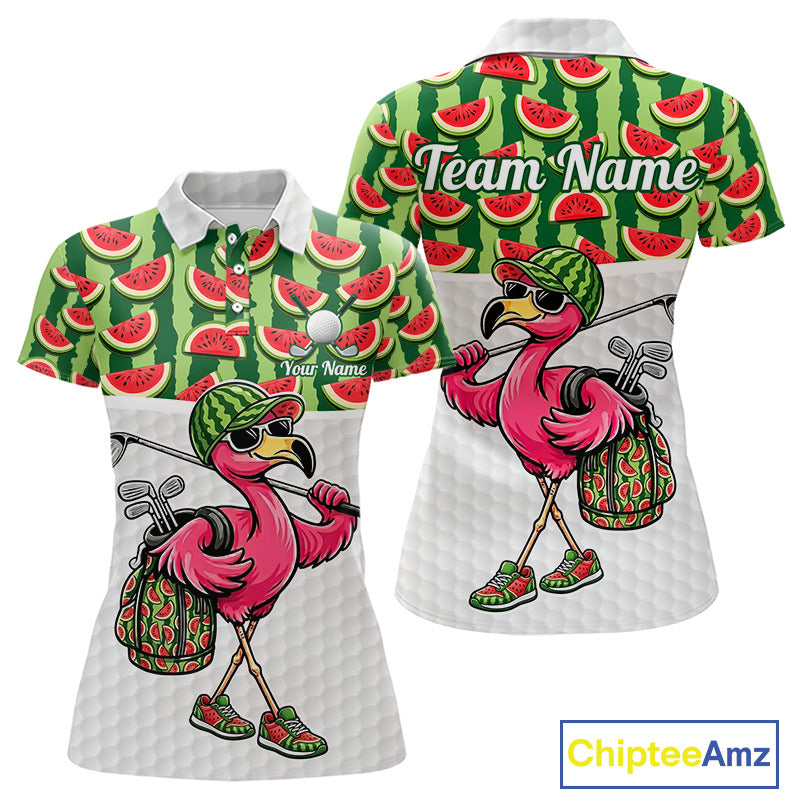 Golfing Flamingo Womens Funny Golf Polo Shirt Custom Green Pattern Watermelon Golf Ball Clothes Shirts NHT740