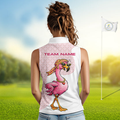 White Pink Womens Sleeveless Golf Shirt Flamingo Golf Funny Custom Team Name  Cool Gift For Golfer NHT546