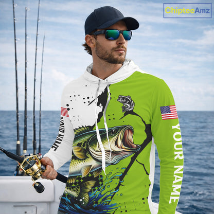 Green Camo Largemouth Bass Hooded Fishing Shirts Long Sleeve, Custom Big Bass Fishing Jerseys NHT481