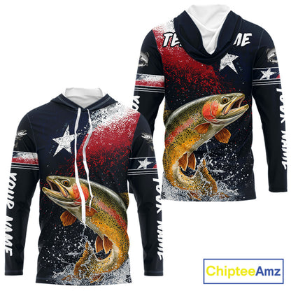 Custom Vintage Rainbow Trout Long Sleeve Hooded Patriotic Fishing Shirt For Men, Trout Texas Flag Fishing Shirt NHT766