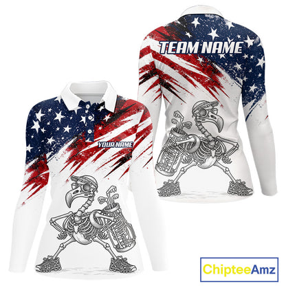 Patriotic Golf Polo Shirt – USA Flag Skull Flamingo Golfer Funny Golf Outfit For Womens NHT780