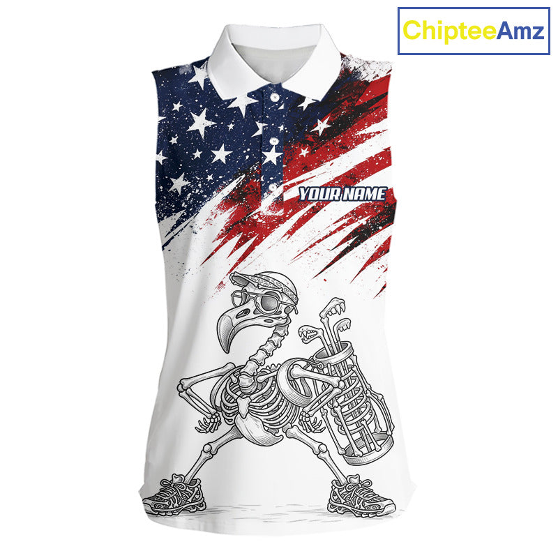 Patriotic Sleeveless Womens Golf Polo Shirt – USA Flag Skull Flamingo Golfer Funny Golf Outfit For Womens NHT780