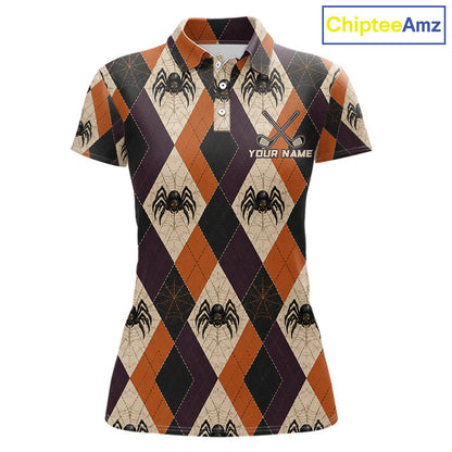 A women's short-sleeve polo shirt with a Halloween-themed argyle pattern featuring spiders, webs, and orange, black, and beige diamonds. The shirt has a collar, three-button placket, and a customizable chest graphic with crossed golf clubs and the text 'YOUR NAME'.