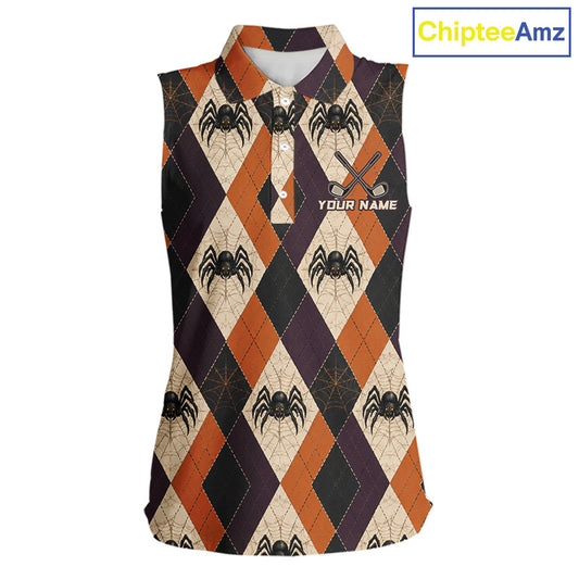 A sleeveless collared shirt with a Halloween-themed argyle pattern featuring spiders and webs in orange, dark purple, black, and beige. The shirt has a custom name print area on the left chest and a 'ChipteeAmz' logo in the top right corner.