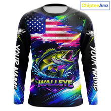 Load image into Gallery viewer, Personalized Walleye Fishing Jerseys, Custom American Flag Fishing Shirts Long Sleeve For Men NHT637