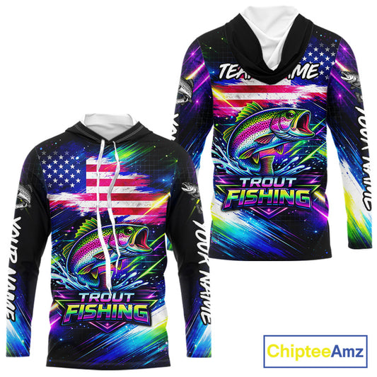 Personalized Rainbow Trout Fishing Jerseys, Custom American Flag Hooded Fishing Shirts Long Sleeve For Men NHT639