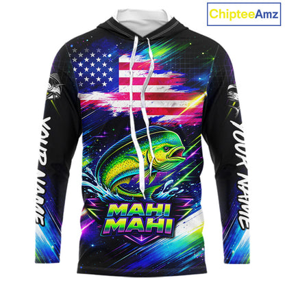 Personalized Mahi Mahi Fishing Jerseys, Custom American Flag Hooded Fishing Shirts Long Sleeve For Men NHT640