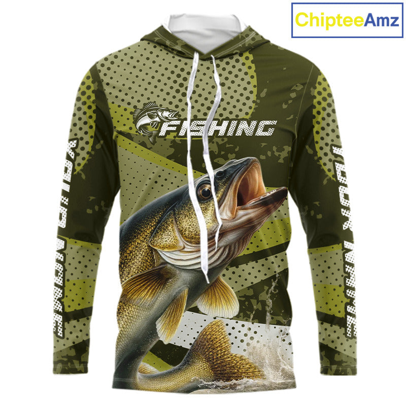 Walleye Fishing Custom Performance Fishing Shirts, Hooded Walleye Fishing Jerseys For Men NHT500