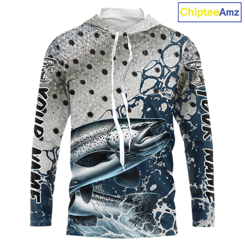Personalized Chinook Salmon Saltwater Fishing Shirts Long Sleeve Hooded For Men, Salmon Fishing Jerseys NHT854