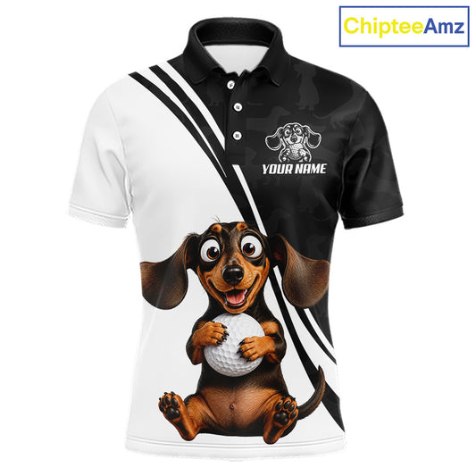 A short-sleeve polo shirt with a split black-and-white design, featuring a cartoon dachshund holding a golf ball on the front. The right side of the shirt has a black camouflage pattern with a dog logo and the text 'YOUR NAME'.
