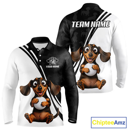 A long-sleeve polo shirt shown from the front and back on a white background. The shirt has a black and white diagonal split design with a cartoon dachshund holding a golf ball printed on the front and back, plus customizable text areas reading 'TEAM NAME' and 'YOUR NAME'