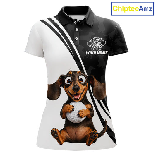 A women's short-sleeve polo shirt with a split white and black design, featuring a large cartoon dachshund holding a golf ball on the front, plus a customizable name graphic and a visible ChipteeAmz logo in the top right corner.