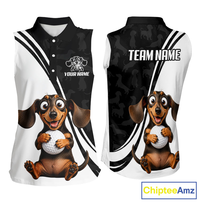 Front and back views of a sleeveless collared polo shirt with a black and white sports-inspired design, featuring a cartoon dachshund holding a golf ball and customizable text areas.