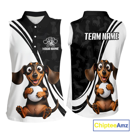 Front and back views of a sleeveless collared polo shirt with a black and white sports-inspired design, featuring a cartoon dachshund holding a golf ball and customizable text areas.
