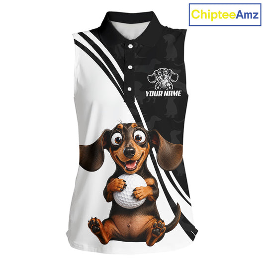 A sleeveless polo shirt with a black and white diagonal split design, featuring a cartoon dachshund holding a golf ball on the front and a customizable logo area on the left chest. A 'ChipteeAmz' brand label is visible in the top right corner.