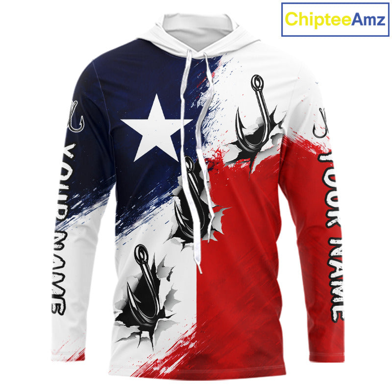 Texas Fishing Fish Hooks Patriotic Fishing Shirt Long Sleeve Hooded, Custom Name Fishing Jerseys NHT664