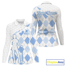 Load image into Gallery viewer, Personalized Blue White Argyle Plaid Pattern Womens Golf Polo Shirts, Blue Golf Tops For Womens NHT674
