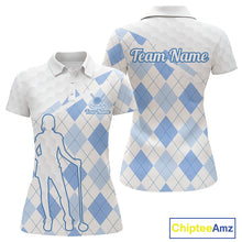 Load image into Gallery viewer, Personalized Blue White Argyle Plaid Pattern Womens Golf Polo Shirts, Blue Golf Tops For Womens NHT674