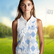 Load image into Gallery viewer, Personalized Blue White Argyle Plaid Pattern Womens Sleeveless Golf Polo Shirts, Blue Golf Tops For Womens NHT674