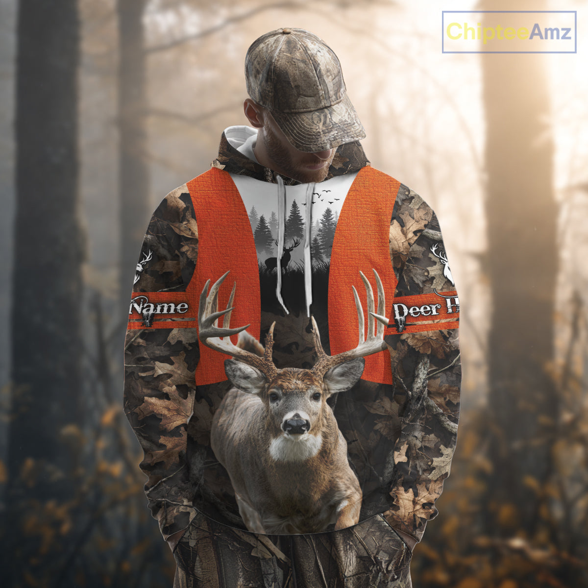 Personalized Hunting Shirt, Hunting Gear For Men – Orange Safety Camo with Big Buck NHT343