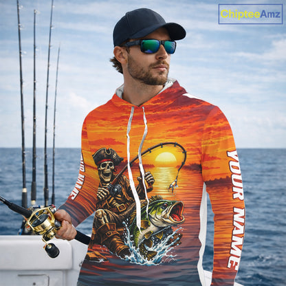 Skeleton Bass Hooded Fishing Shirts Long Sleeve – Sunset Fisherman Skull Design, Funny Fishing Gift For Anglers NHT536