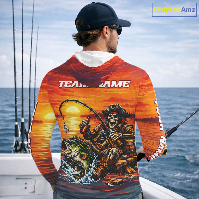 Skeleton Bass Hooded Fishing Shirts Long Sleeve – Sunset Fisherman Skull Design, Funny Fishing Gift For Anglers NHT536