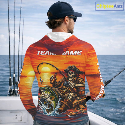 Skeleton Bass Hooded Fishing Shirts Long Sleeve – Sunset Fisherman Skull Design, Funny Fishing Gift For Anglers NHT536