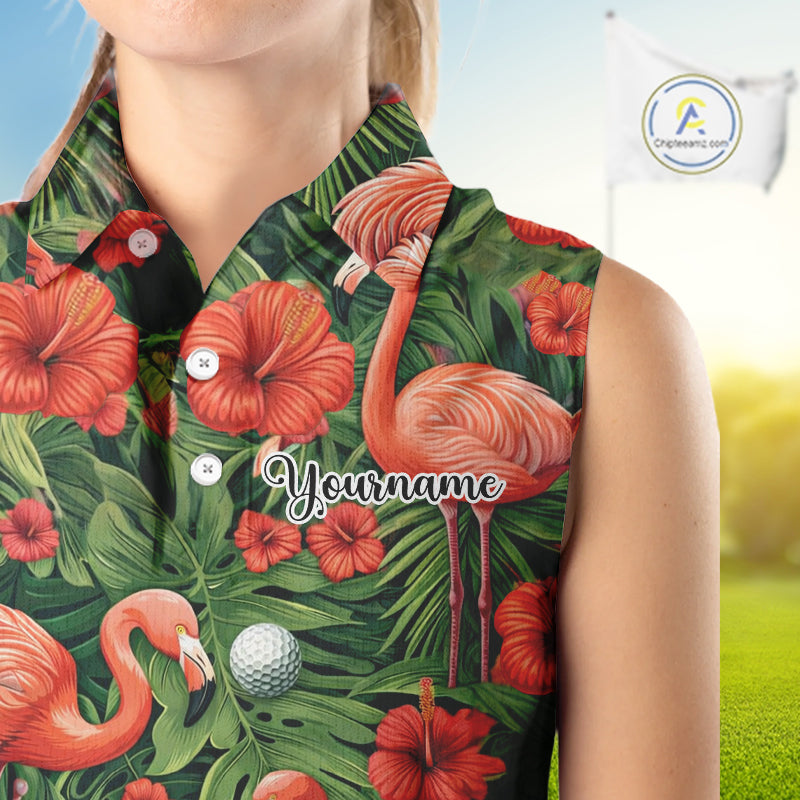 Custom Hibicus Flamingo Floral Golf Sleeveless Polo Shirts For Womens, Flower Golf Team Shirts NHT540