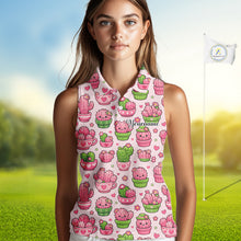 Load image into Gallery viewer, Cute Kawaii Cactus Womens Sleeveless Golf Polo Shirt, Funny Pink Cartoon Cactus Shirt NHT555