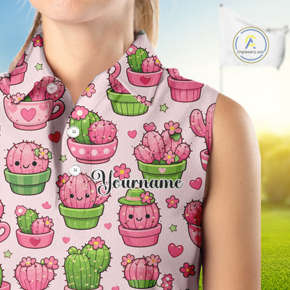 Cute Kawaii Cactus Womens Sleeveless Golf Polo Shirt, Funny Pink Cartoon Cactus Shirt NHT555