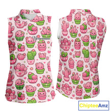 Load image into Gallery viewer, Cute Kawaii Cactus Womens Sleeveless Golf Polo Shirt, Funny Pink Cartoon Cactus Shirt NHT555