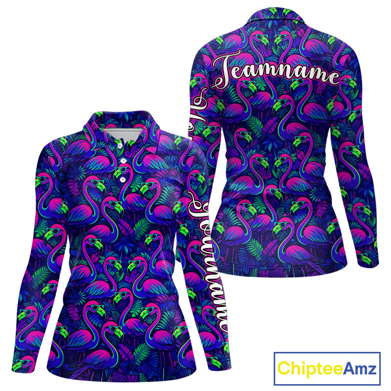 Womens Golf Polo Shirt Neon Flamingos Tropical Pattern Custom Name, Golfing Gifts NHT557