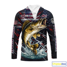 Load image into Gallery viewer, Personalized US Flag Walleye Fishing Shirts Long Sleeve Hooded, Patriotic Walleye Fishing Apparel NHT482