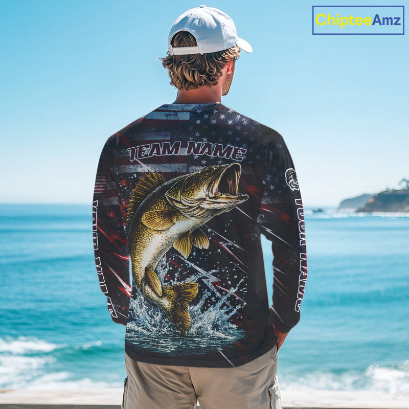 Personalized US Flag Walleye Fishing Shirts Long Sleeve, Patriotic Walleye Fishing Apparel NHT482