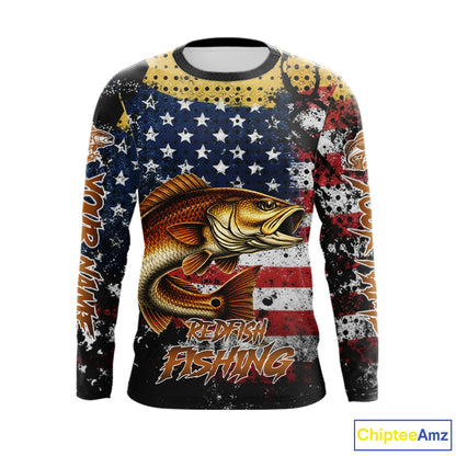American Flag Custom Redfish Fishing Shirts Long Sleeve, Patriotic Redfish Fishing Jerseys NHT484