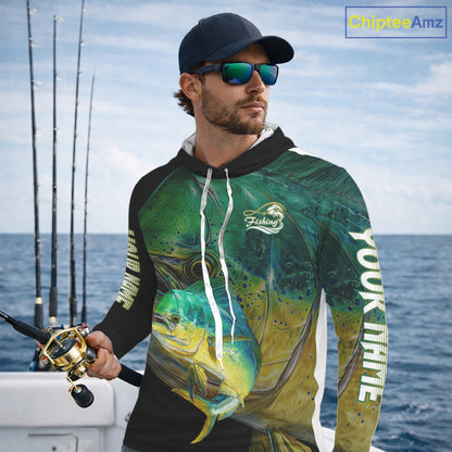 Mahi Mahi (Dorado) Fishing Customize Name Hooded Fishing Shirts Long Sleeve For Men NHT569
