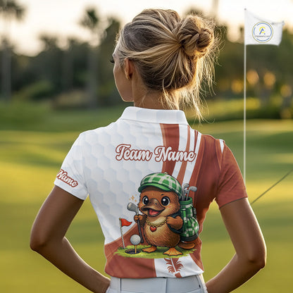 Funny Womens Golf Polo Shirt Custom Brown And White Platypus Pattern White Golf Shirts NHT576