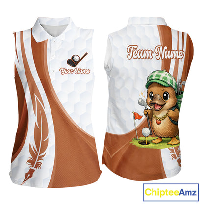 Funny Womens Sleeveless Golf Polo Shirt Custom Brown And White Platypus Pattern White Golf Shirts NHT576
