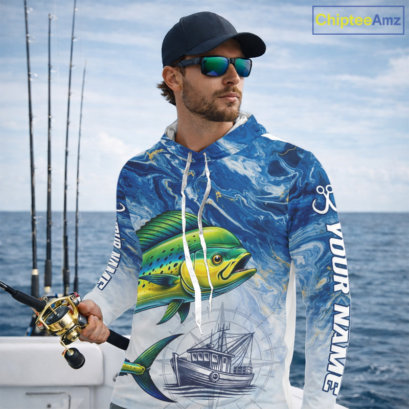 Personalized Mahi Mahi Fishing Shirt With Ocean Wave Graphic, Hooded Long Sleeve Fishing Apparel NHT612