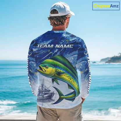 Personalized Mahi Mahi Fishing Shirt With Ocean Wave Graphic, Long Sleeve Fishing Apparel NHT612