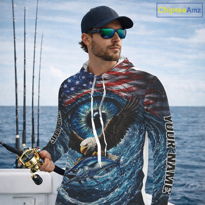 USA Eagle Marlin Fishing Shirt Long Sleeve Hooded – Custom Name Patriotic Ocean Eye Design  NHT429