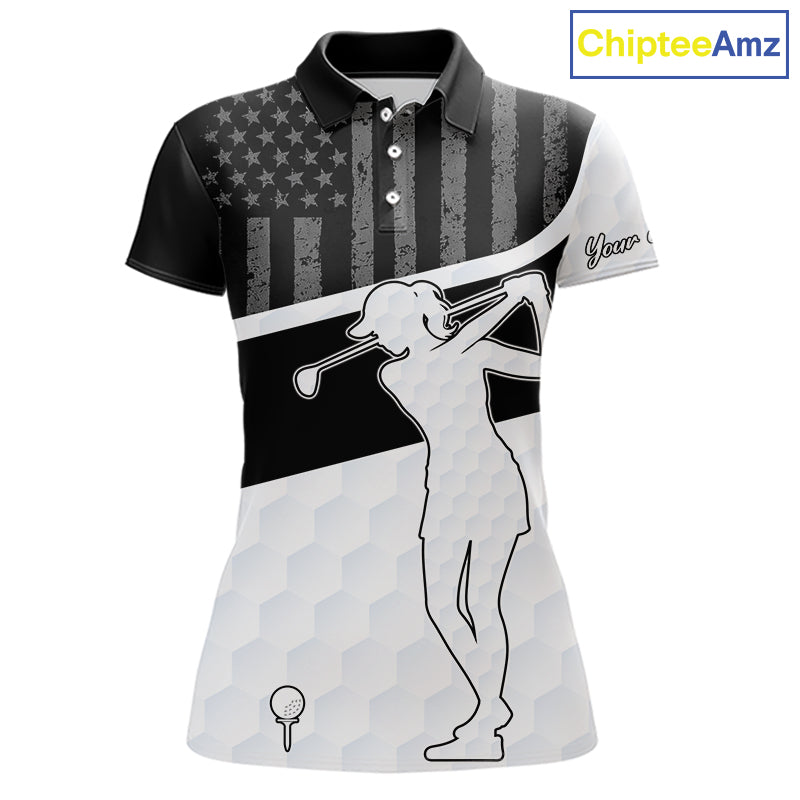 Womens Golf Polo Shirt American Flag Patriotic Golf Shirts Custom Name Golf Gifts For Ladies NHT620