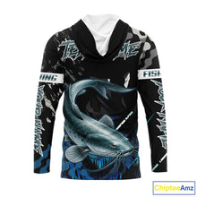 Load image into Gallery viewer, Black Camo Custom Catfish Fishing Shirts Long Sleeve Hooded, Catfish Fishing Jerseys For Men NHT499