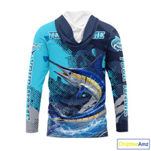 Load image into Gallery viewer, Marlin Fishing Blue Camo Custom Name Long Sleeve, Long Sleeve Hooded Fishing Shirt NHT453