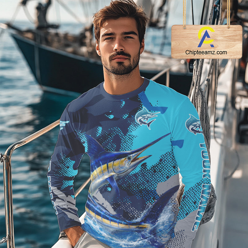 Marlin Fishing Blue Camo Custom Name Long Sleeve, Long Sleeve Hooded Fishing Shirt NHT453