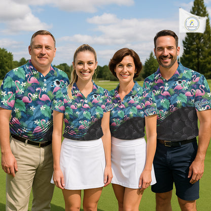 Flamingo Golf Ball Womens Polo Shirts, Colorful Tropical Flamingo Pattern, Tropical Golf Shirt NHT668