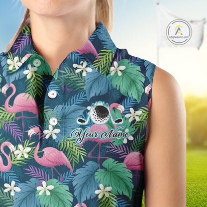 Flamingo Golf Ball Womens Sleeveless Polo Shirts, Colorful Tropical Flamingo Pattern, Tropical Golf Shirt NHT668