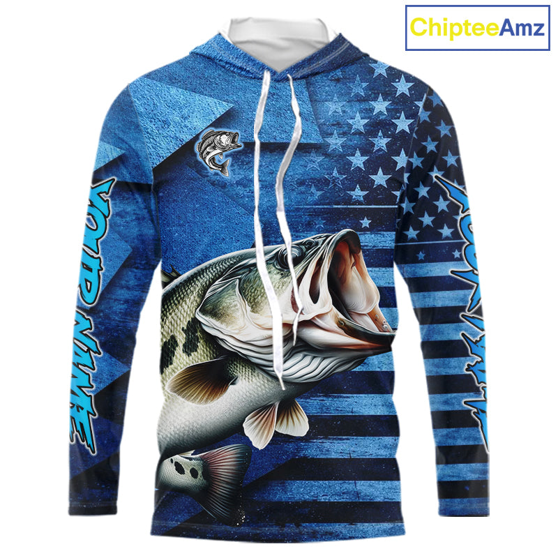 Bass Fishing Shirts Long Sleeve Hooded With American Flag, Personalized Bass Fishing Gift For Father Days NHT680