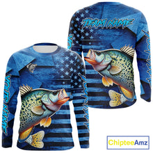 Load image into Gallery viewer, Crappie Fishing Shirts Long Sleeve With American Flag, Personalized Crappie Fishing Gift For Father Days NHT681