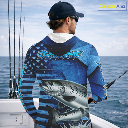 Chinook Salmon Hooded Fishing Shirts Long Sleeve With American Flag, Personalized Salmon Fishing Gift For Father Days NHT682